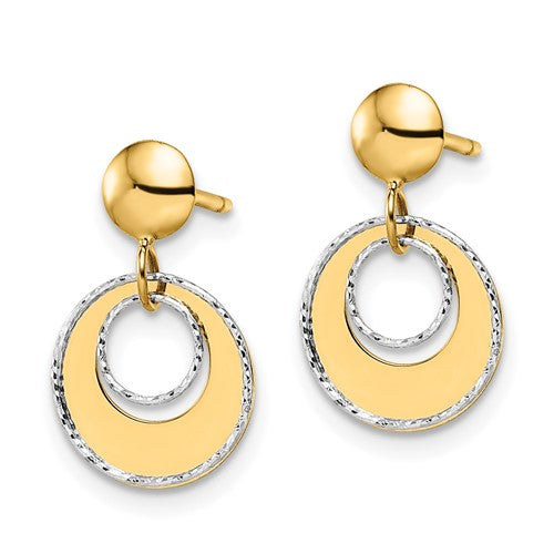 14K Two-Tone Gold Polished Textured Post Dangle Earrings