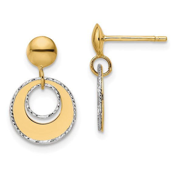 14K Two-Tone Gold Polished Textured Post Dangle Earrings