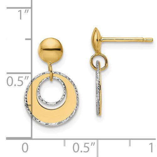 14K Two-Tone Gold Polished Textured Post Dangle Earrings