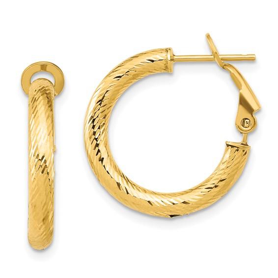 14K yellow gold Diamond Cut Round Omega-BacK Hoop Earrings