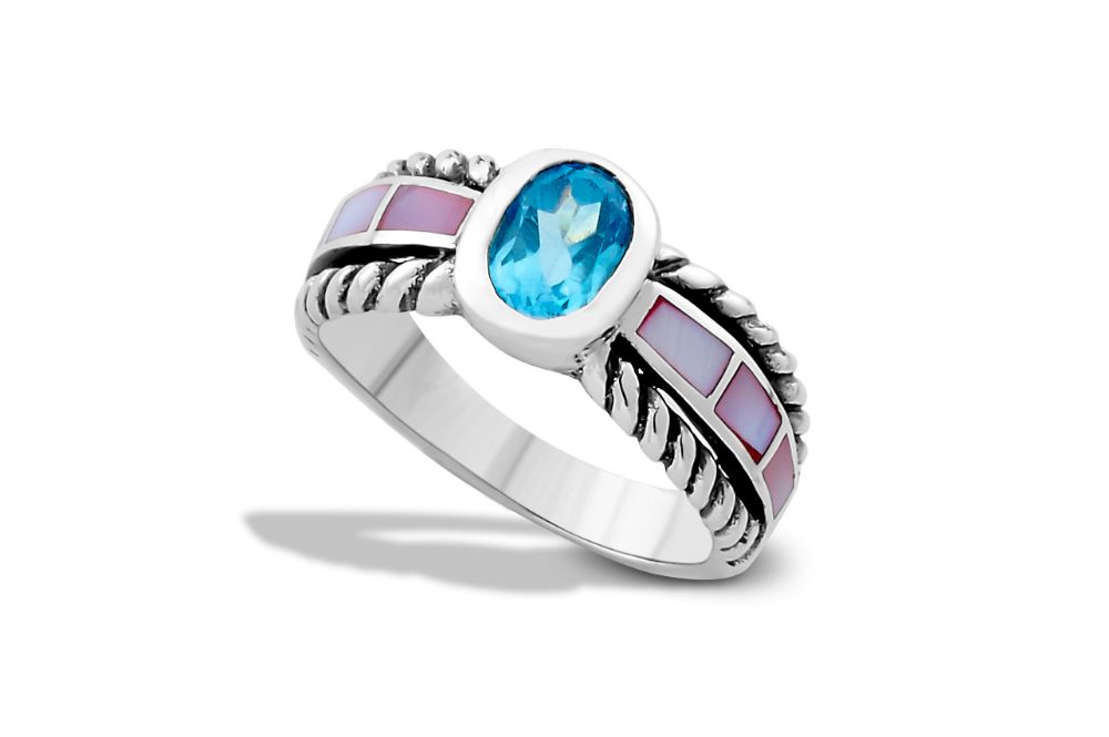 Pendana Ring- Blue Topaz/ Pink Mother of Pearl