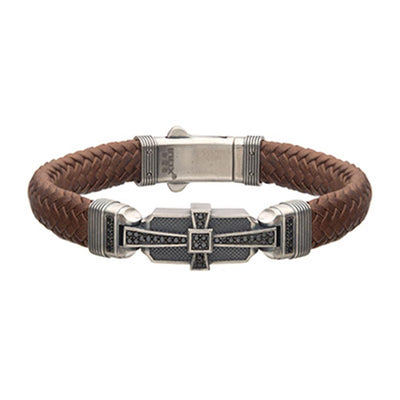 Men's Brown Leather with 925 Silver and 40 pcs Black CZ Deco Bracelet.