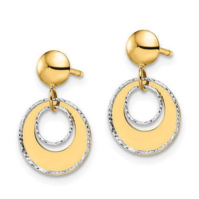 14K Two-Tone Gold Polished Textured Post Dangle Earrings